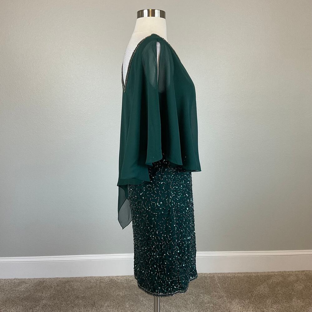 JKara Green Cocktail Dress Sequined Chiffon Caped V-Neck Mini Sheath Size 6 - Picture 4 of 12